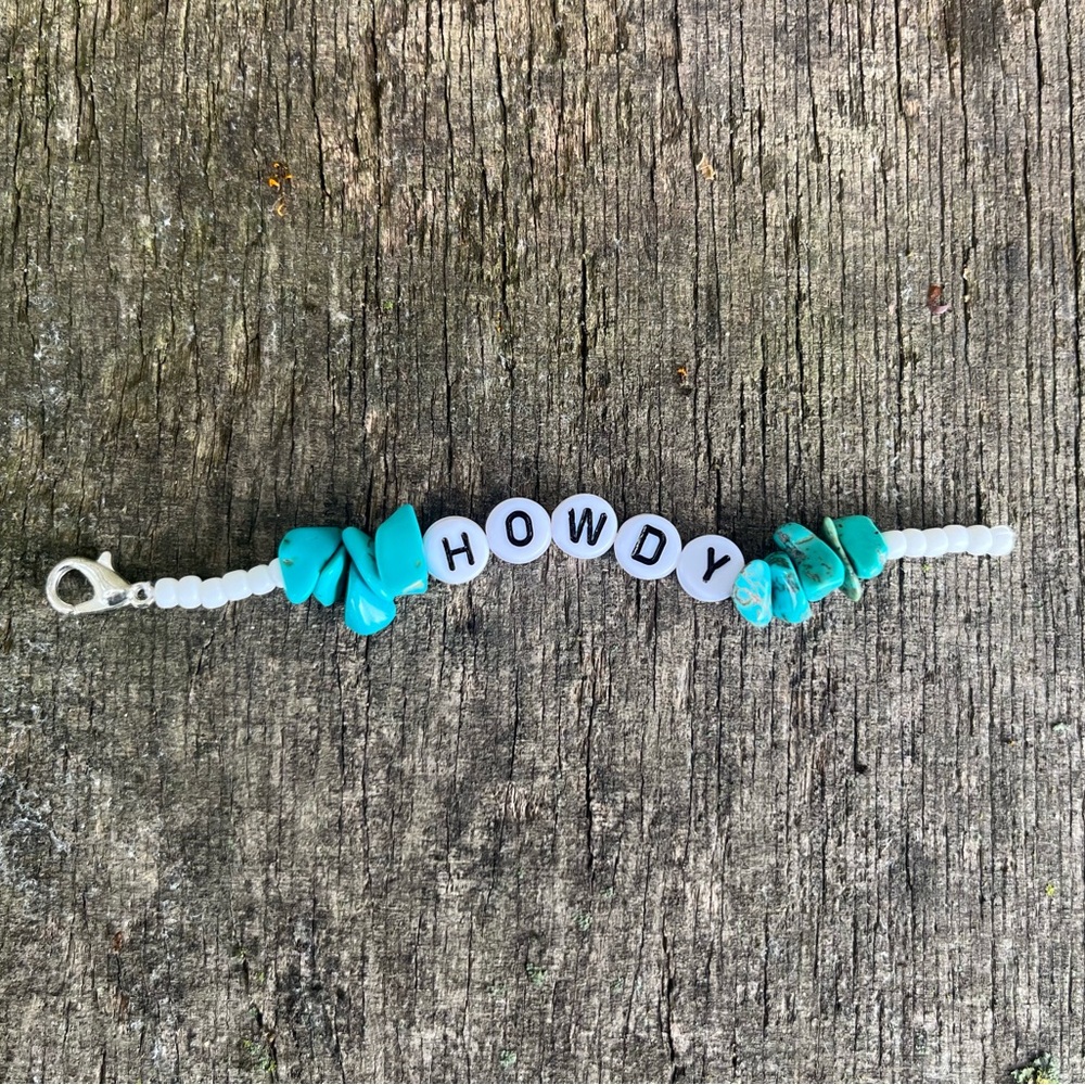 Handmade Turquoise and White ‘HOWDY’ Mini Key Chain
